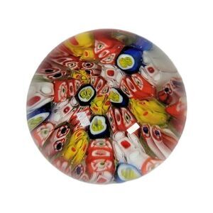 Vintage Round Confetti Art Glass Paperweight Millefiori Flowers Abstract 2.5”